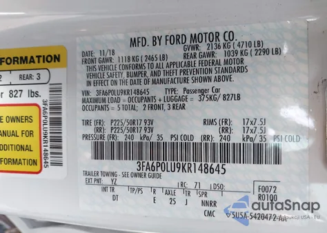 2019 Ford Fusion Hybrid Se z USA, uszkodzony, nr VIN 3FA6P0LU9KR148645